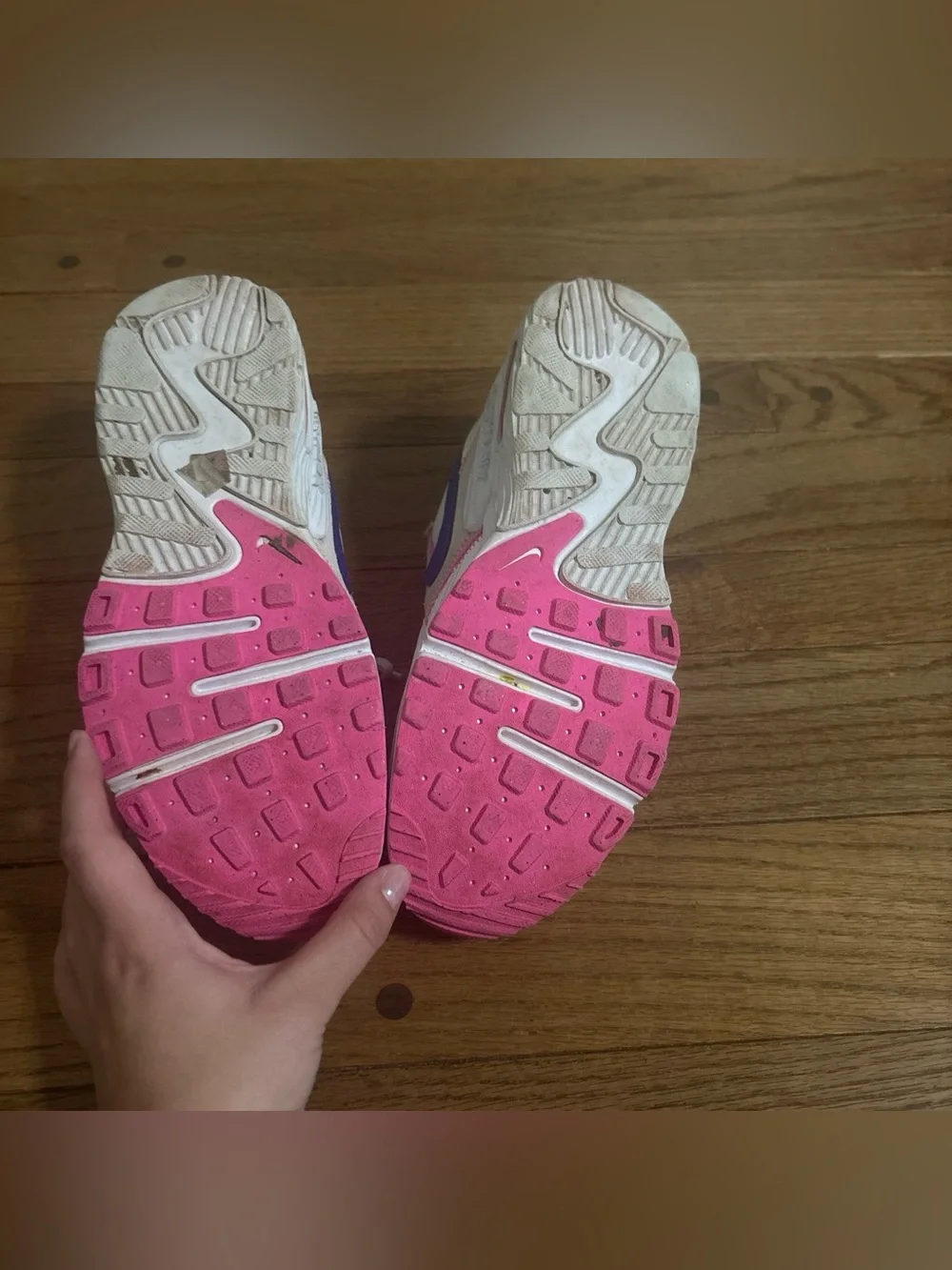 Nike White Sneakers with Purple Swoosh and Neon Pink & Yellow Accents